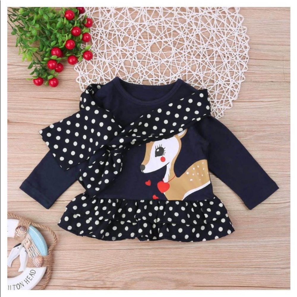 Toddler Girls Snow Deer Long Sleeve Tunic with Scarf, Size 18-24m